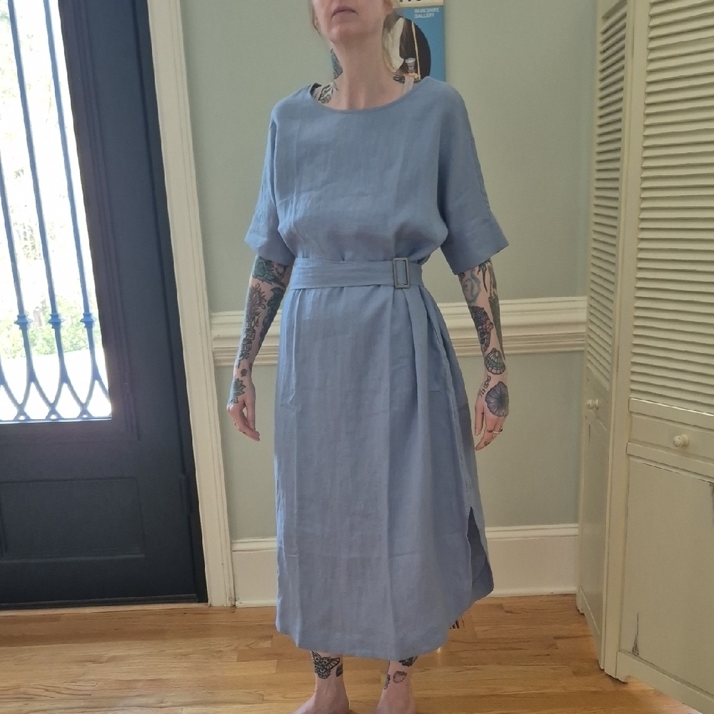 Belted Light Blue Linen Midi Dress